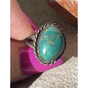 Vintage Navajo Style Turquoise Ring Sterling Silver Rope Bezel Signed R Sz 5.75